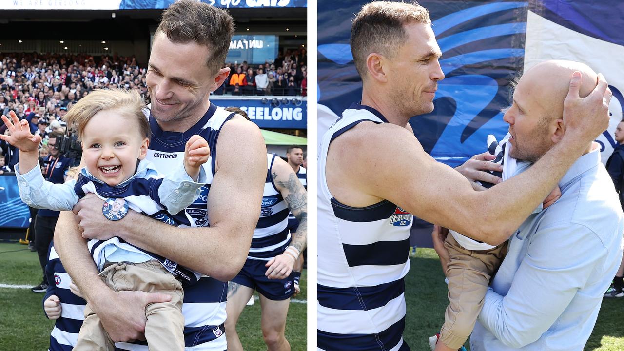A touching pre-game moment with Ablett Jr's son running out with Geelong players.