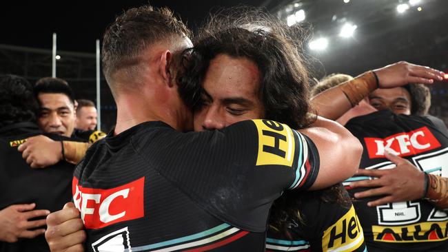 SYDNEY, AUSTRALIA - OCTOBER 01:  Jarome Luai of the Panthers celebrates with Scott Sorensen of the Panthers after winning the 2023 NRL Grand Final match between Penrith Panthers and Brisbane Broncos at Accor Stadium on October 01, 2023 in Sydney, Australia. (Photo by Matt King/Getty Images)