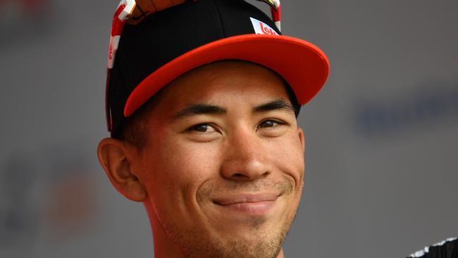 Caleb Ewan is seen on the podium after winning stage four of the Tour Down Under from Norwood to Murray Bridge in South Australia, Friday, January 24, 2020. (AAP Image/David Mariuz) NO ARCHIVING, EDITORIAL USE ONLY