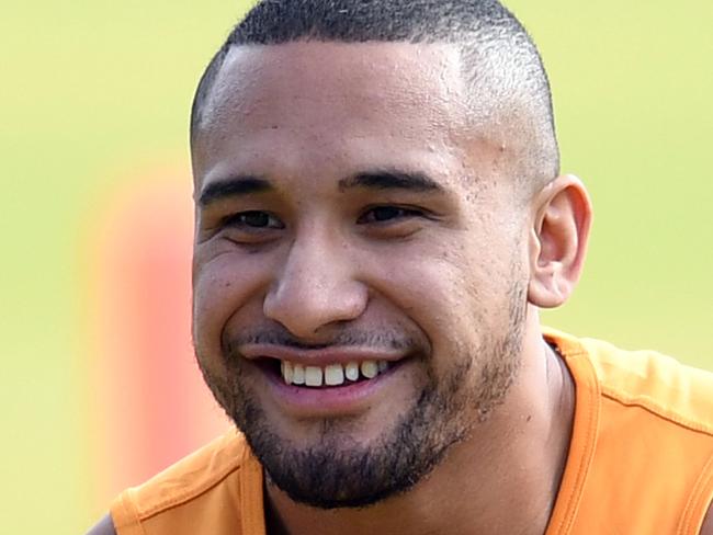 Brisbane Broncos player Jamil Hopoate is seen during training in Brisbane, Wednesday, May 6, 2020. The players trained in groups of ten while avoiding contact, due to COVID-19 social distancing measures. (AAP Image/Dan Peled) NO ARCHIVING