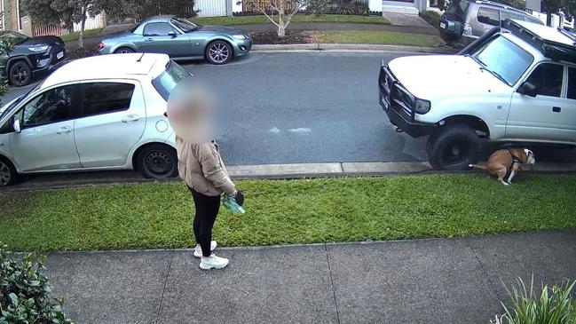 A lycra clad Queensland woman has sparked outrage on Facebook after a front door camera caught her failing to pick up after her bulldog while holding dog bags. Photo: Facebook