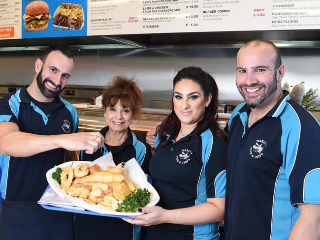 The Theodoulou family, Anthony, mum Stavroula, Eleni and Michael, from Mako’s Fish and Chips in Ferntree Gully. Picture: Lawrence Pinder.