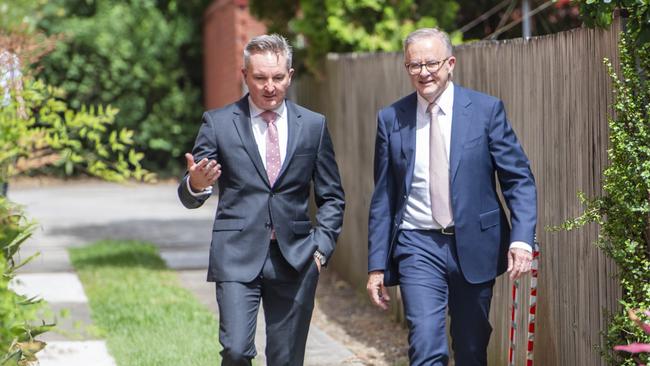 Anthony Albanese and Chris Bowen last month visit an apartment building in Sydney that has installed solar panels. Picture: NewsWire / Jeremy Piper