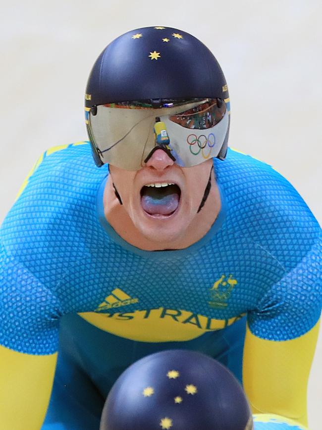 Rio Olympics 2016. Matthew GLAETZER riding hard in the Men's Team Sprint. Track Cycling on Day 06 at the Olympic Velodrome, in Rio de Janeiro, Brazil. Picture: Alex Coppel.