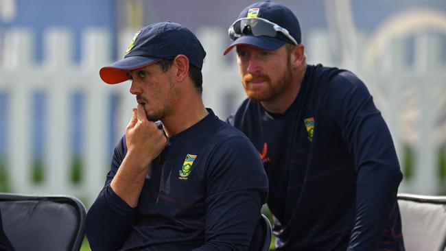 Quinton De Kock, left, and teammate Wiaan Mulder at training on Monday. Picture: AFP