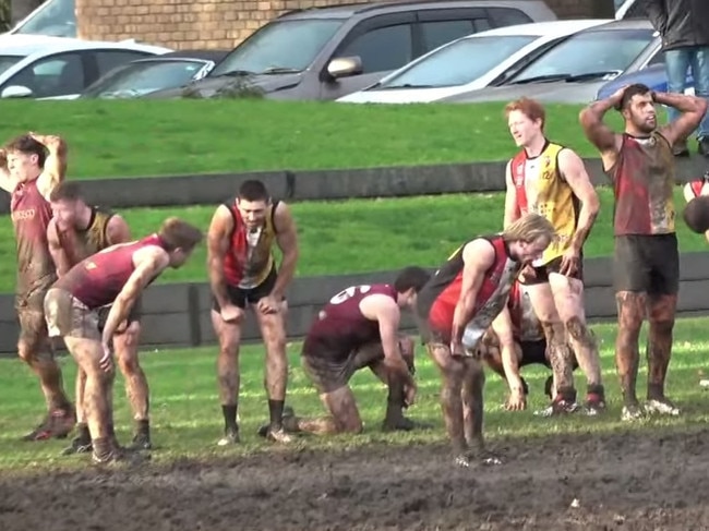 Goodwood and Prince Alfred OC players react to the final siren of their thrilling draw. Picture: Filming Footy