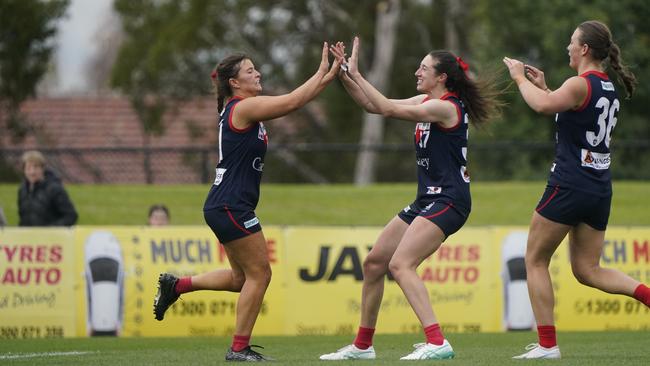 Casey Demons players celebrate a goal. Picture: Valeriu Campan