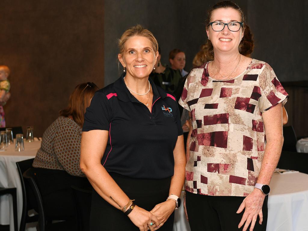 Megan Parker and Alana Hopkins at the Townsville Business Women's Circle's function. Picture: Shae Beplate.