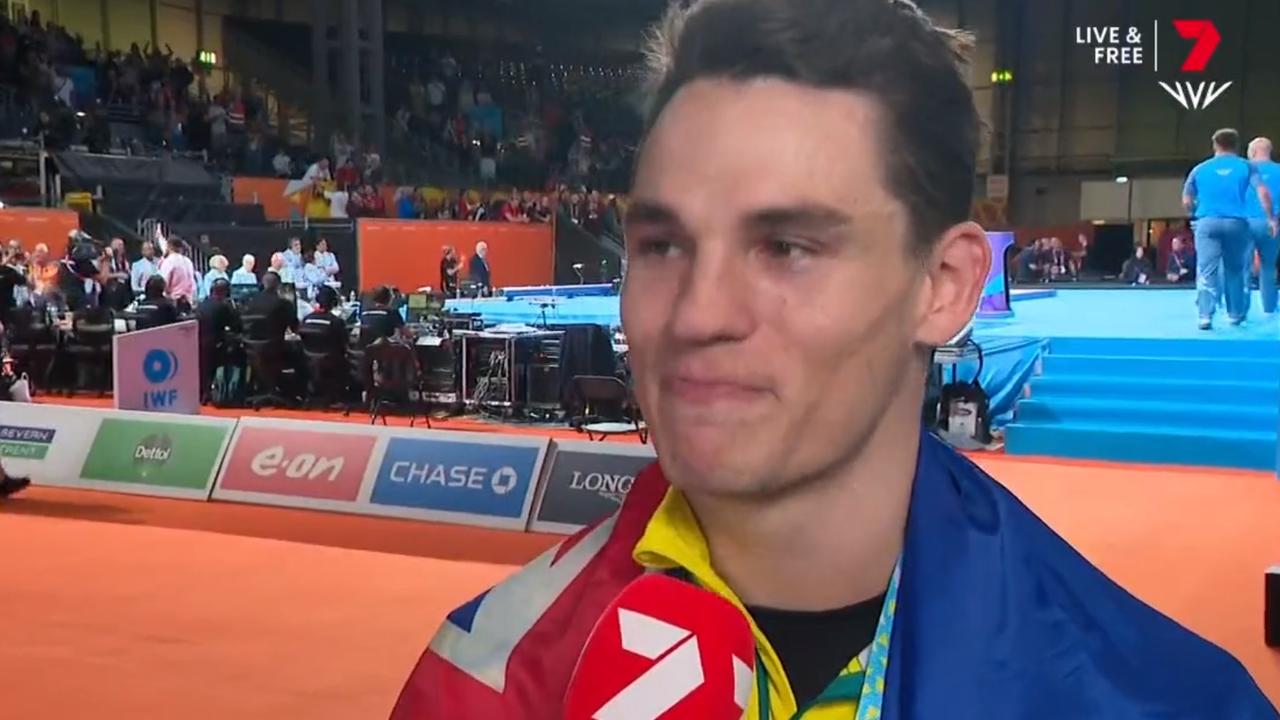 Kyle Bruce was in tears when interviews after the ceremony. Photo: Channel 7.