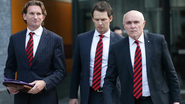 James Hird, Xavier Campbell and Paul Little outside the Federal Court. Picture: Hamish Blair