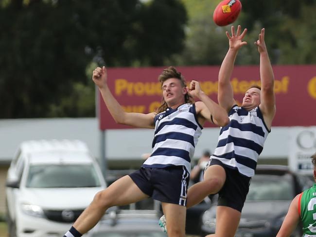 Pearcedale's Mitch Johnson takes a big mark over teammate Riley Bradshaw in a practice match against Tooradin-Dalmore last weekend. Picture: Doug Farr