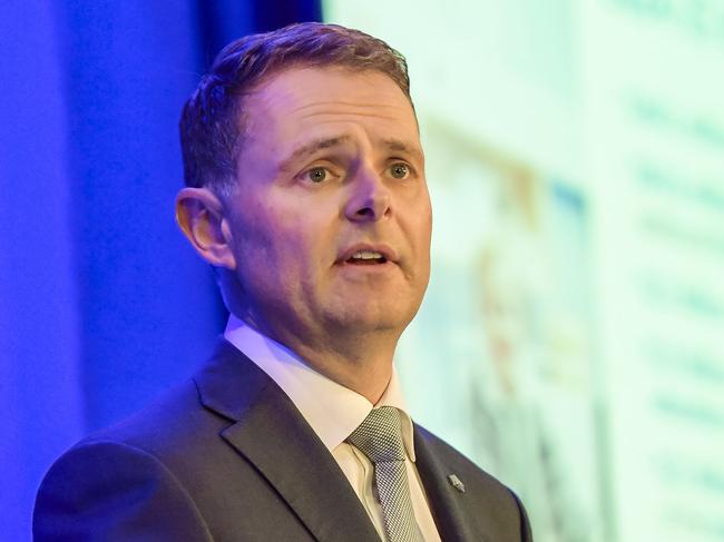 ADELAIDE, AUSTRALIA - NewsWire Photos - JUNE 06, 2024:  South Australia budget day. Treasurer Stephen Mulligan addresses the journalists at the Convention centre.Picture: NewsWire / Roy VanDerVegt