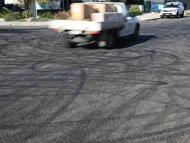 Burnout marks left in Keilor Park where hoon drivers gathered last night. Picture: David Crosling