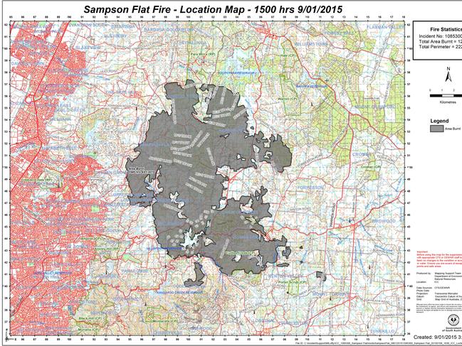 Sampson Flat bushfire CFS location map (9/01/2015) showing area burnt and fire perimeter. Credit: CFS.