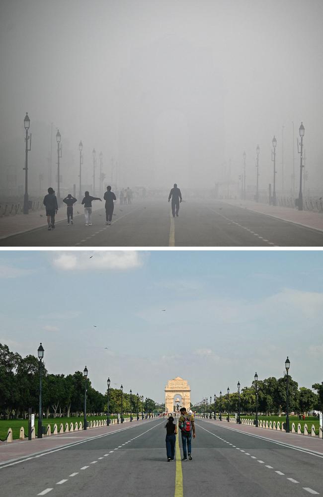 This combination of pictures shows pedestrians walking along the Kartavya Path engulfed in thick smog, near India Gate in New Delhi on November 18. Picture: Sajjad Hussain/AFP