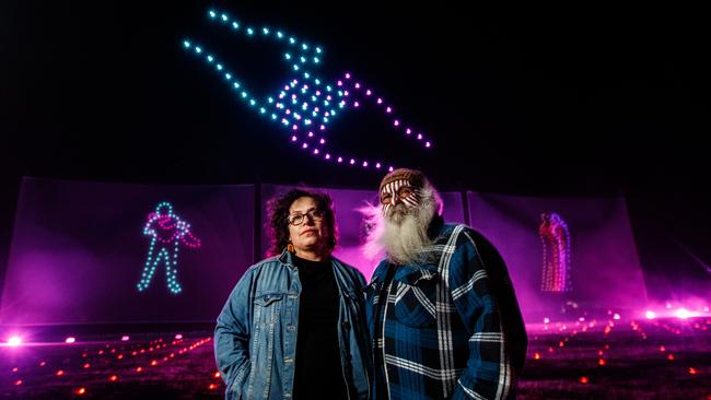 Nancy Bates with Major Moogy Summer with Drones flying overhead at Sky Song, Leconfield and Richard Hamilton Winery, McLaren Vale. Picture: Matt Turner