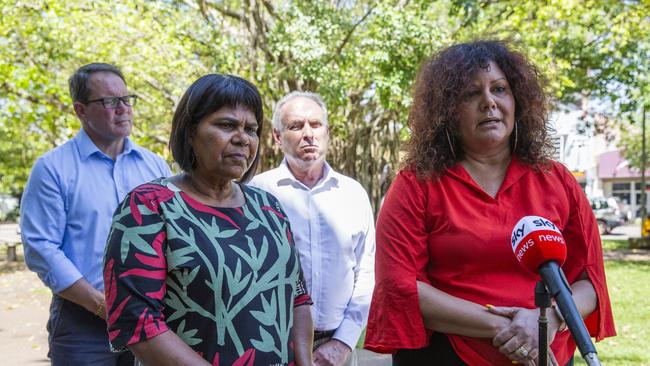 Senator Malarndirri McCarthy speaking at a press conference in Darwin with Senator Marion Scrymgour, Member for Solomon Luke Gosling. Picture: Floss Adams.