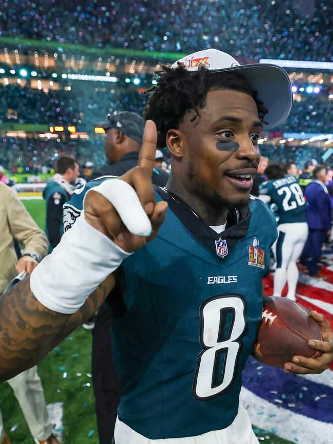 C.J. Gardner-Johnson celebrates after beating the Kansas City Chiefs. Photo by Gregory Shamus/Getty Images.