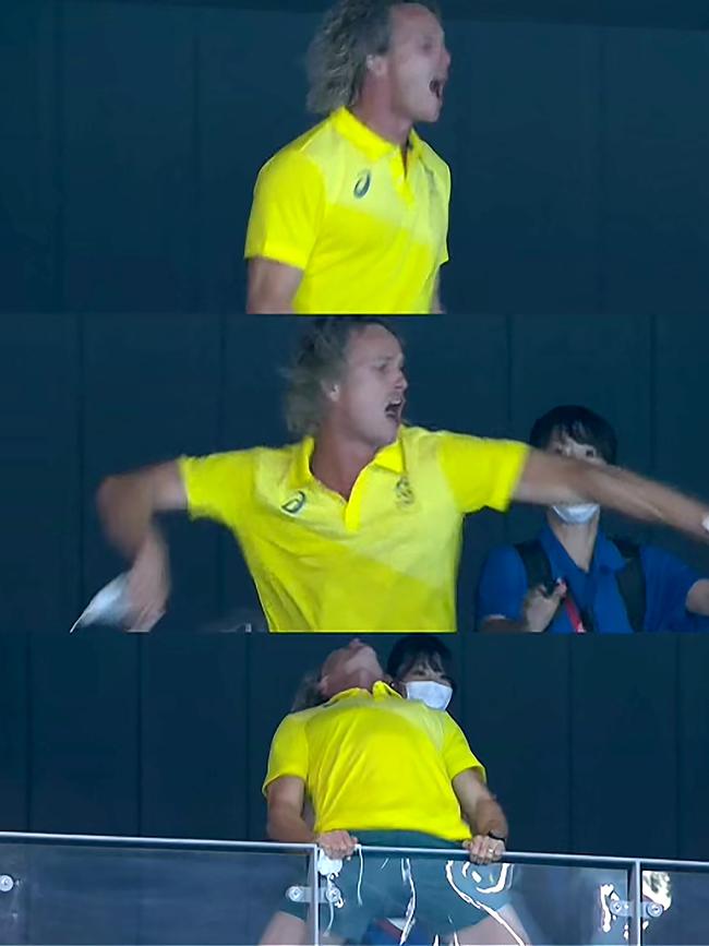 Dean Boxall celebrates in the stands.