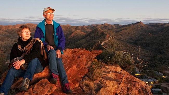 Douglas and Marg Sprigg on a hilltop overlooking their home at Arkaroola in the Flinders Ranges.