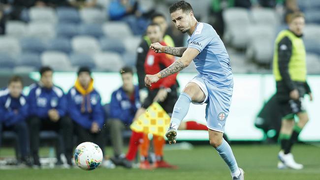 Melbourne City striker Jamie Maclaren scores against Western United at GMHBA Stadium last month. Picture: Getty Images