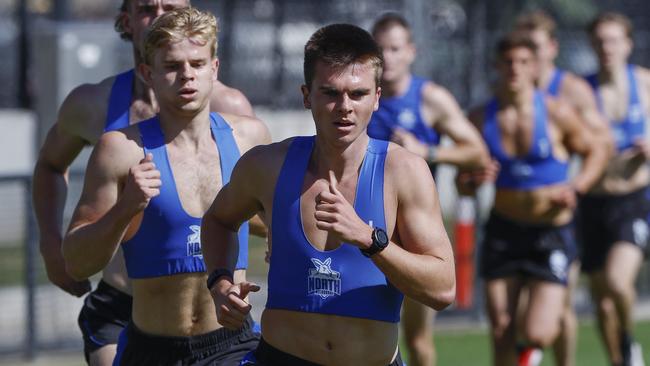 NCA. MELBOURNE, AUSTRALIA. 11th November 2024. AFL.  North Melbourne training at  Arden St oval.   Colby McKercher on his way to comfortably winning the 2km time trial on the first official day back for the 1-4 year players .  Picture: Michael Klein