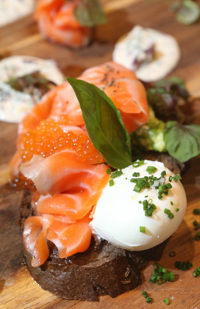 Providore Marina Mirage won our best breakfast on the Gold Coast competition. Photo of Salmon Gravalax with pea and feta, olive creme fraiche and poached egg. Photo by Richard Gosling