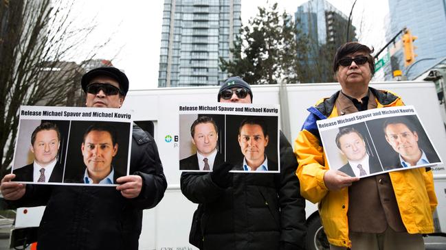 A protest in support of Michael Spavor and Michael Kovrig outside the trial of Meng Wanzhou in Vancouver. Picture: AFP