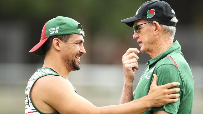 Cody Walker with Wayne Bennett at Rabbitohs training. Picture: Mark Kolbe/Getty