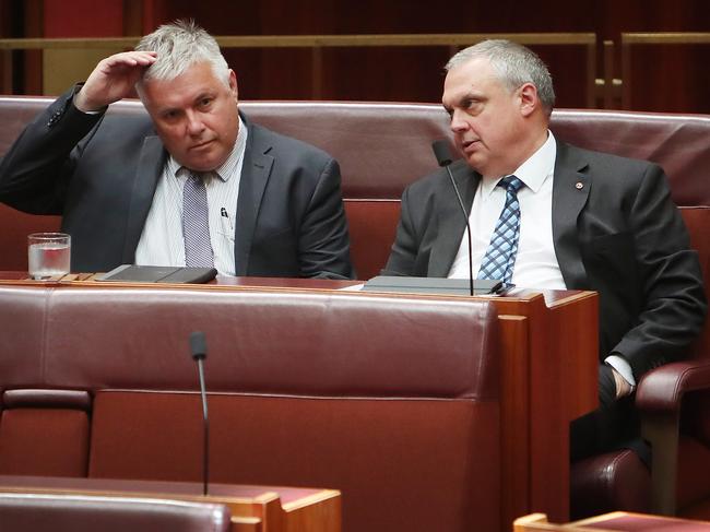 Senator Rex Patrick and Senator Stirling Griff  in the Senate Chamber, Parliament House in Canberra. Picture Kym Smith