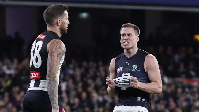 MELBOURNE, AUSTRALIA - JULY 28: Matthew Owies of the Blues celebrates a goal during the round 20 AFL match between Collingwood Magpies and Carlton Blues at Melbourne Cricket Ground, on July 28, 2023, in Melbourne, Australia. (Photo by Darrian Traynor/Getty Images)