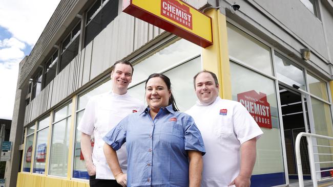 Pharmacist and owner of new Chemist Warehouse on Montpelier retreat, Gareth Well, retail manager Laura Jarvis and pharmacist Luke Matheson. Picture: Zak Simmonds