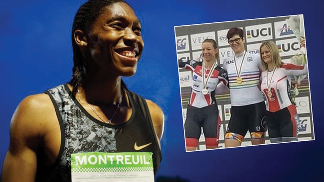 South African 800m Olympic champion Caster Semenya, main picture, and transgender cyclist Rachel McKinnon, centre, inset picture, McKinnon argues being able to compete is a matter of human rights. Pictures: AFP/Supplied