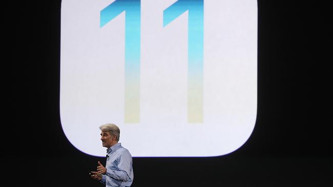 Apple's Senior Vice President of Software Engineering Craig Federighi spruiks the advantages of iOS11. Picture: Justin Sullivan/Getty Images.