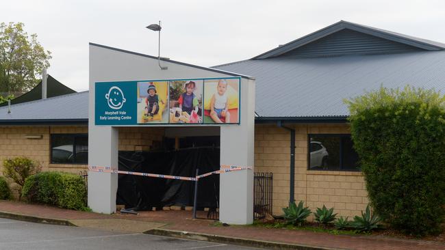 The damaged front of the Morphett Vale early learning centre, after a man drove his car into it and fled. Picture: Sam Wundke