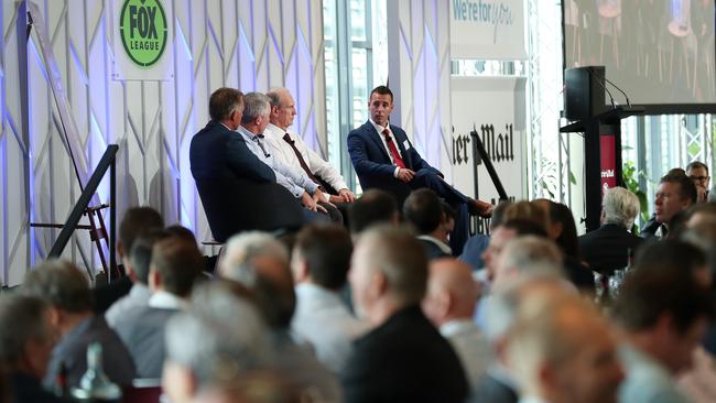 Garth Brennan, Paul Green and Wayne Bennett face off with Peter Badel at last year’s launch. Picture: Liam Kidston