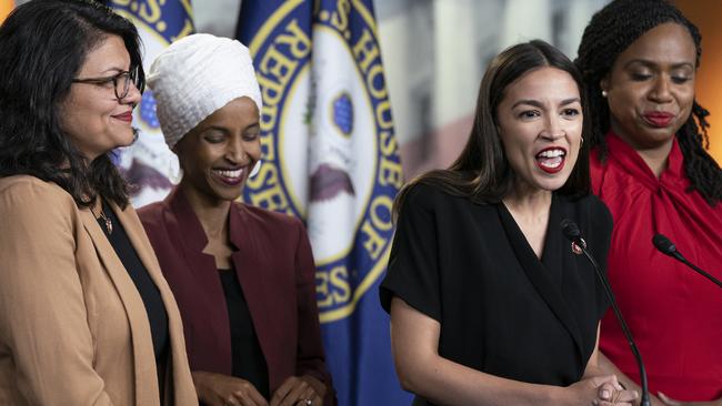 Alexandria Ocasio-Cortez speaks as, from left, Rashida Tlaib, Ilhan Omar and Ayanna Pressley listen during a news conference at the Capitol earlier today. Picture; AP.