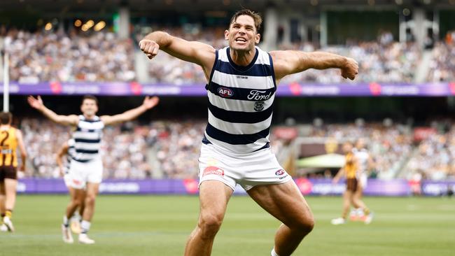 Tom Hawkins celebrates an early goal in game 350. Picture: Michael Willson/AFL Photos via Getty Images