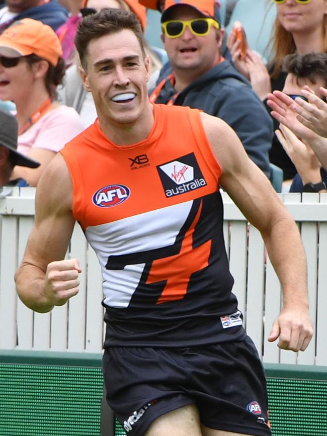 Jeremy Cameron celebrates a kicking a goal.