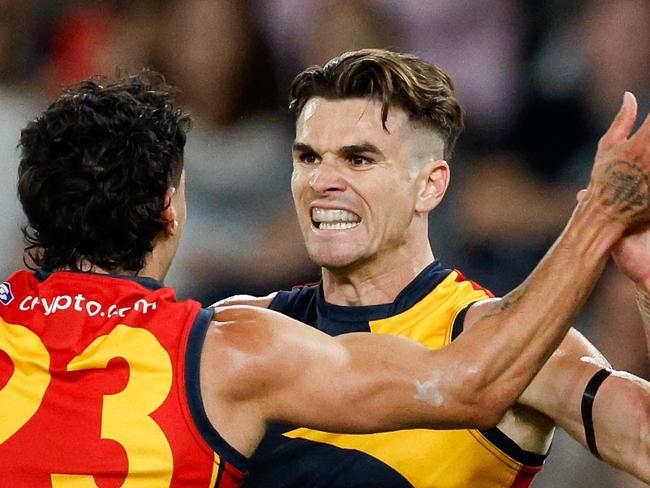 MELBOURNE, AUSTRALIA - APRIL 13: Ben Keays of the Crows celebrates a goal during the 2024 AFL Round 05 match between the Carlton Blues and the Adelaide Crows at Marvel Stadium on April 13, 2024 in Melbourne, Australia. (Photo by Dylan Burns/AFL Photos via Getty Images)