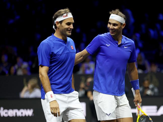 Roger Federer and Rafael Nadal during Day One of the Laver Cup. (Photo by Clive Brunskill/Getty Images for Laver Cup)