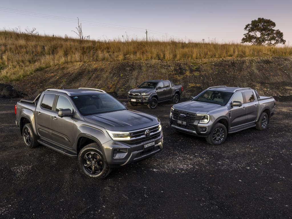 The VW Amarok, Ford Ranger and Toyota HiLux. Picture: Mark Bean