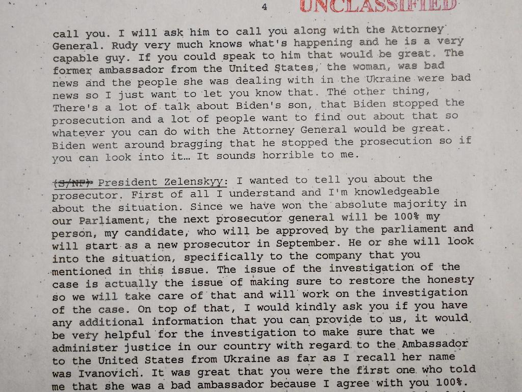 The declassified memorandum of a phone conversation between US President Donald Trump and Ukrainian President Volodymyr Zelenskyy from July 25, 2019. Pic: AFP