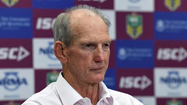 Broncos coach Wayne Bennett looks on during a post match press conference following the Round 20 NRL match between the Brisbane Broncos and the Cronulla-Sutherland Sharks at Suncorp Stadium in Brisbane, Thursday, July 26, 2018. (AAP Image/Dave Hunt) NO ARCHIVING, EDITORIAL USE ONLY