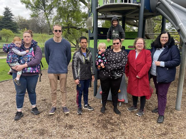 Mum Cara Tellefson, Dad Callum Clarke, Dad Josh Hasan, Mum Elysha Clarke, council candidate Jannette Langley and candidate Brenda McDermott are pushing for more safety measures at Baw Baw playgrounds. Picture: Jack Colantuono