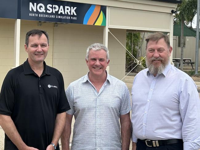 Mark Horn, senior director strategic development at North Queensland-based Cubic, Lieutenant General (ret.) John Caligari, chair of NQ Spark, and NQ Spark executive director and JCU Professor Mick Reilly. Picture: Supplied