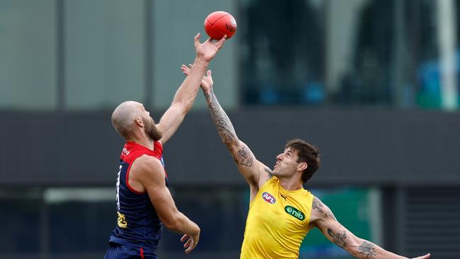 Max Gawn of the Demons and Sam Naismith of the Tigers duel in the ruck at Casey Fields. Picture: Michael Willson/AFL Photos via Getty Images.