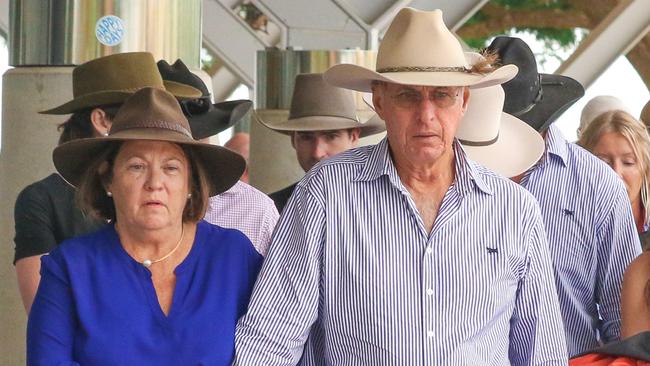 Sharon and Bob Wilson bear away the casket of their son Chris ’Willow’ Wilson at the Darwin Convention centre. Picture: Glenn Campbell