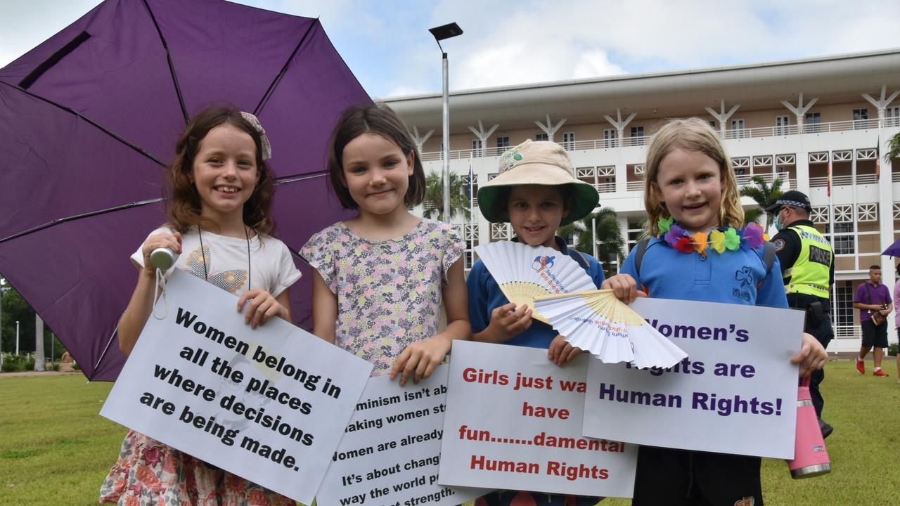 Lola Bruce, 8, Mia Dixon, 8, Tilly Bruce, 6, and Lilah Smith, 6, at the City of Darwin International Women's Day walk and Celebrations, Saturday March 5.