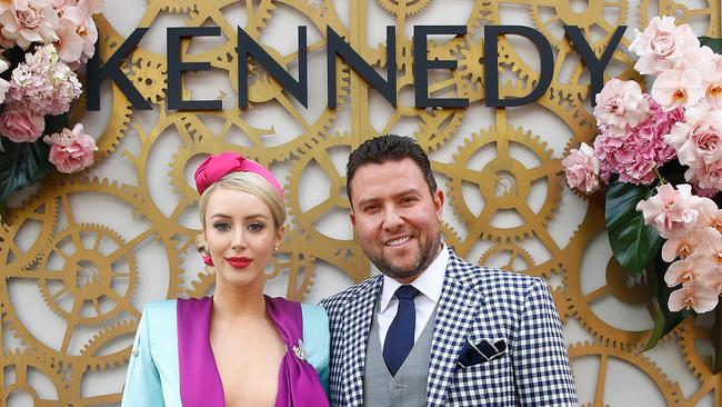 MELBOURNE, AUSTRALIA - NOVEMBER 08: Jaimee Belle Kennedy poses with husband James Kennedy at the Kennedy Marquee on Oaks Day at Flemington Racecourse on November 08, 2018 in Melbourne, Australia. (Photo by Sam Tabone/Getty Images)